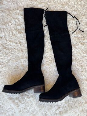 ✨ Stuart Weitzman Vanland Over-the-Knee Black Suede Lace-Back Boots Chunky Heel